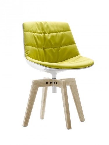 A yellow Flow Chair Padded with a natural wooden bottom on a white room background.