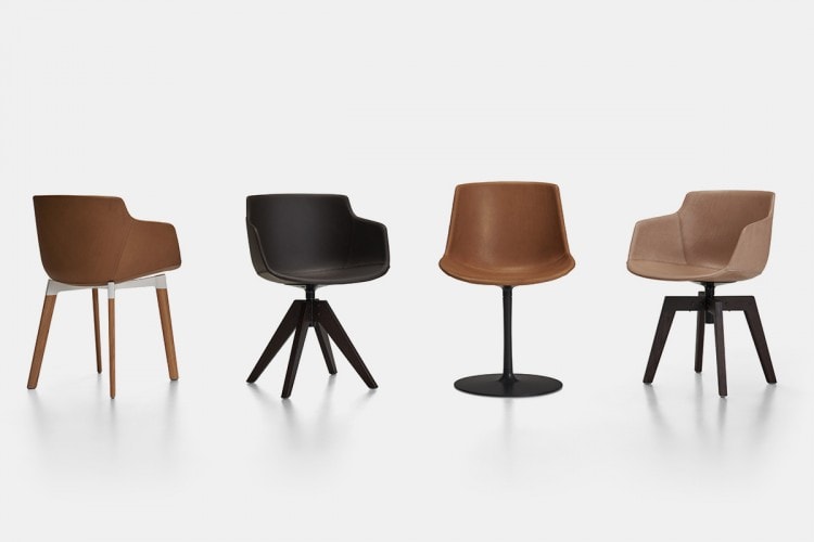 Four Flow leather chairs, one in coffee colour with natural wooden colour legs, one in black colour in the top and legs, one in coffee colour with black leg, one in camoscio colour with natural wooden colour legged oak base on a white background.