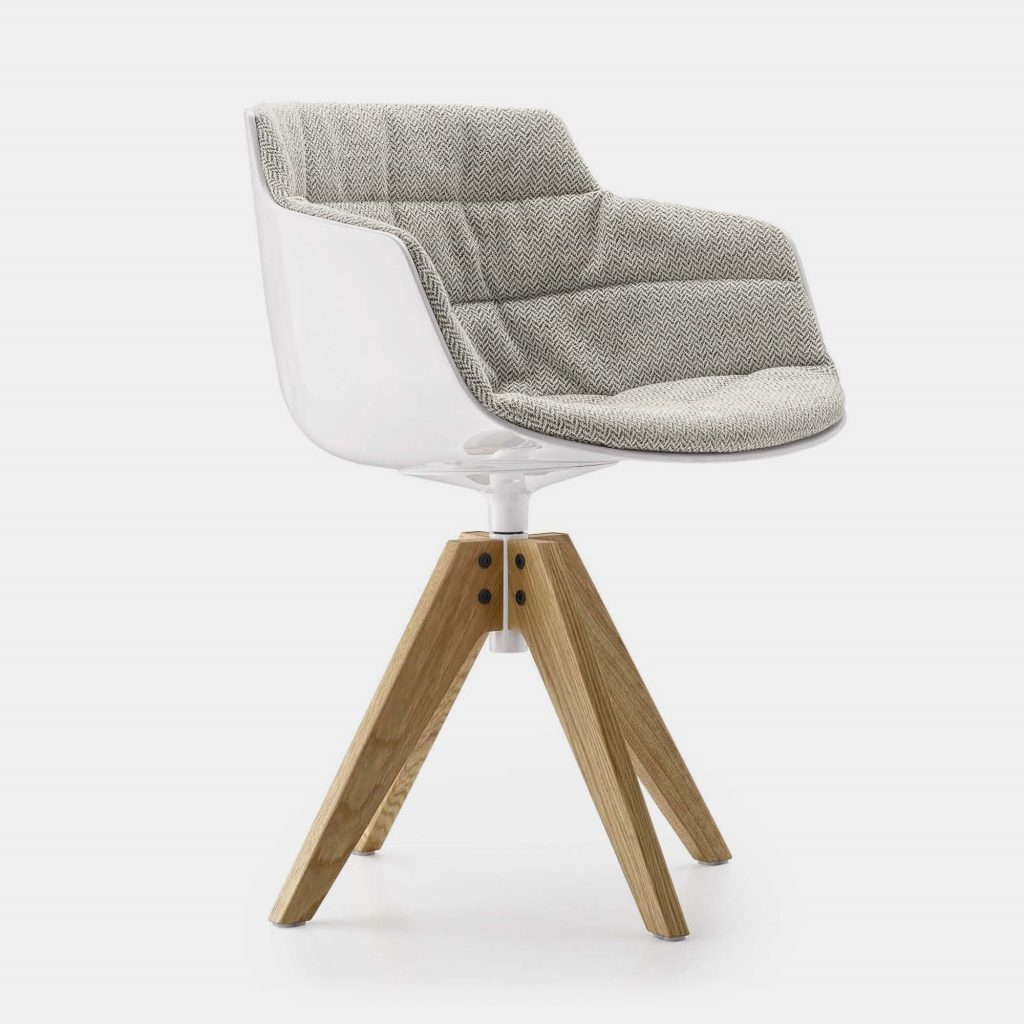 White Flow Slim Padded Chair, gray padding design with four natural oak legs on a white background.