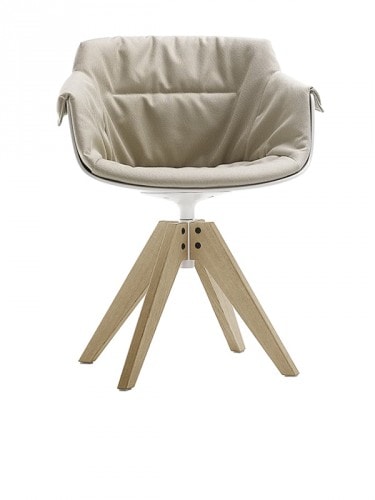 White Flow Slim Padded Chair, ligh brown padding design with four natural oak legs on a white background.