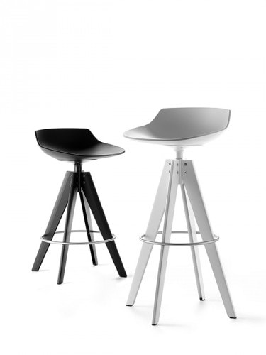 Two Flow stools, one in black with four-legged base in black steel, one in matt white with four -legged base in white on a white background.