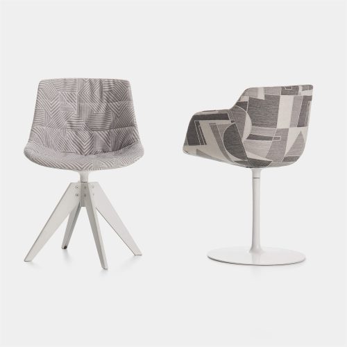 Two Flow Textile chairs, one in gray pattern with four-legged steel in white and one in grey pattern with a white central leg on a white background.