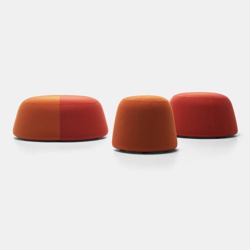 Three Fuji seats of different dimensions. Two in rust color and one in rust and orange color on a white background.