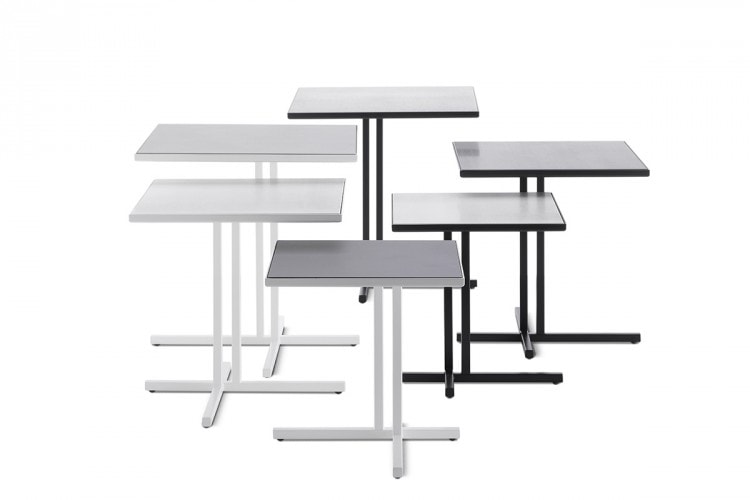 Six K Tables, tabletops in ceramic and steel frame. One tabletop in grey with a grey frame, two tabletops in white with grey frames, two tabletops in grey with a white frames, one tabletop in white with a white frame on a white background.