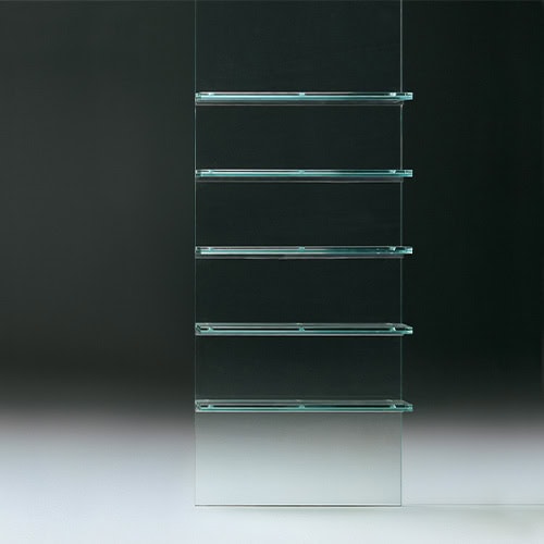 Simplicity Bookcase is crafted from transparent glass, creating an elegant floating effect with five sleek shelves for storage