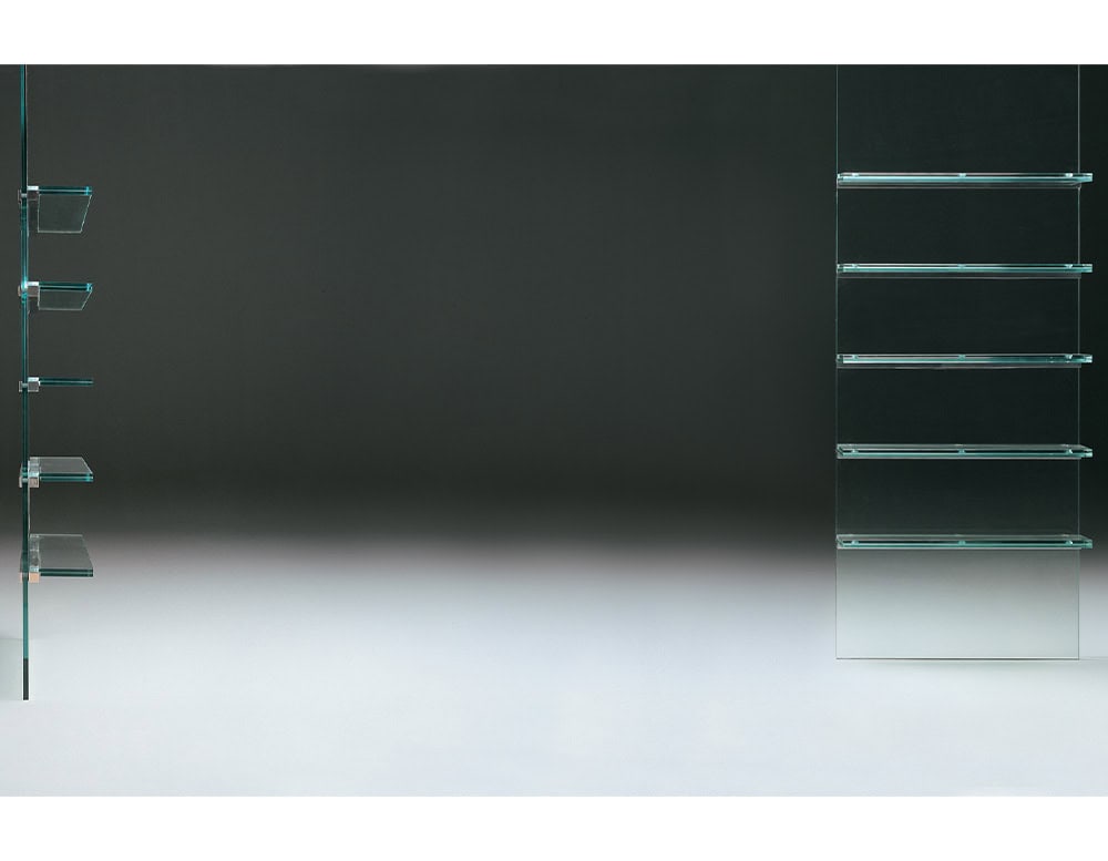 Simplicity Bookcase features clear glass shelves with a modern, floating design that seamlessly fits contemporary spaces