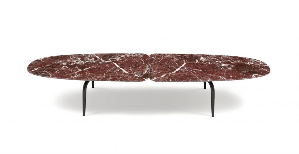 Graphium coffee table. Oval white and brown marble top and four black legs on a white background.