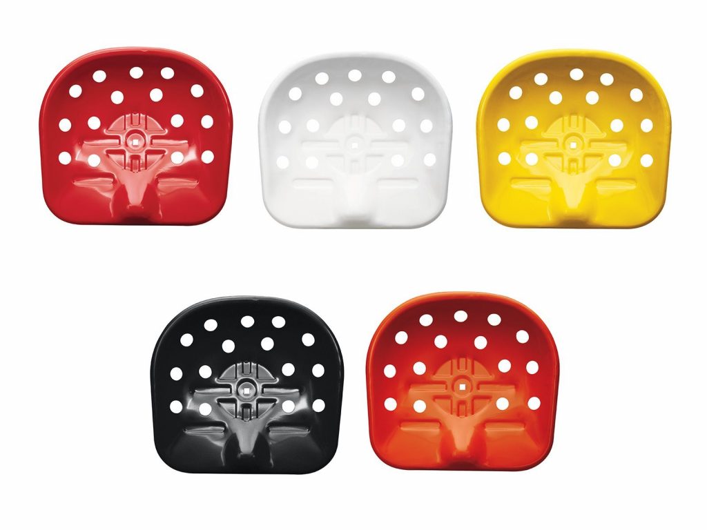 Mezzadro stool seat, one in red, one in white , one in yellow, one in black and one in orange on a white background.