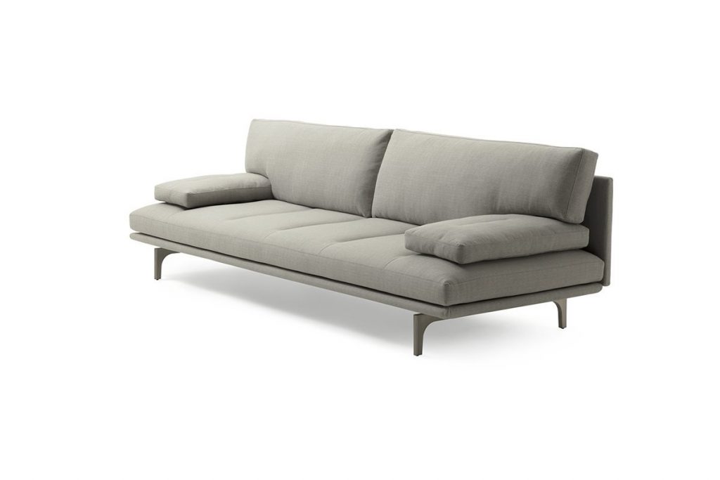 Gray Milano+ sofa with armrest and backrest and a black metal frame on a white background.
