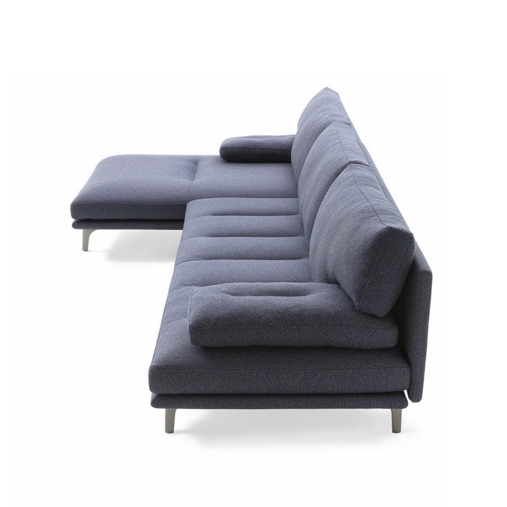 Gray Milano+ sofa with armrest and backrest and a black metal frame on a white background.