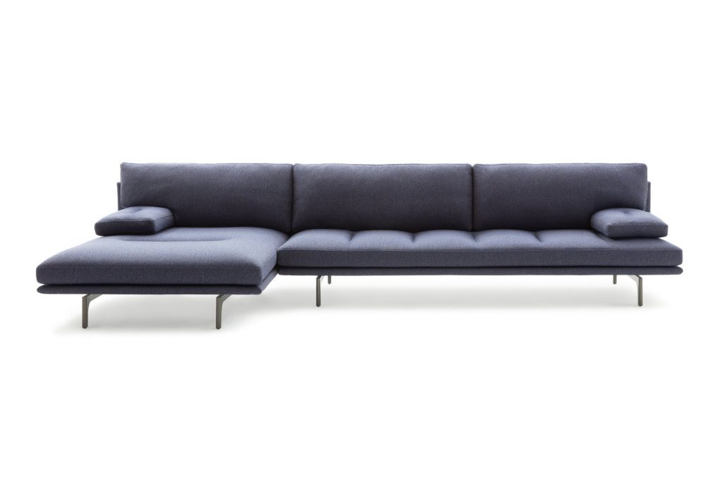 Blue Milano+ sofa with armrest and backrest and a black metal frame on a white background.
