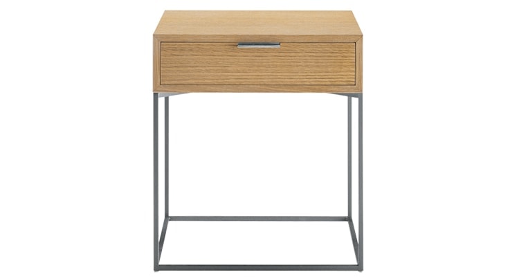 Oscar side table with a sleek silver frame and a natural wooden top with drawer on a white background.