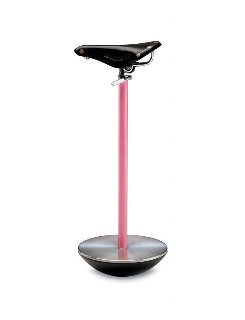 Sella stool with a unique design, featuring a black seat and a pink metal base on a white background.