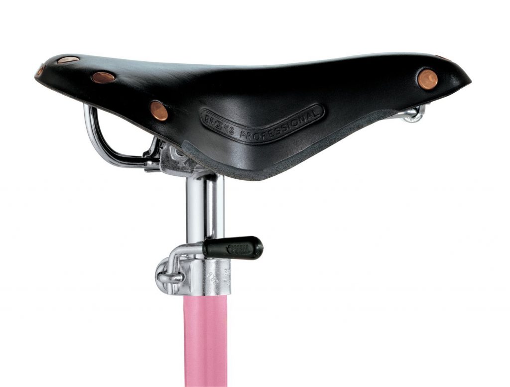 Closeup of Sella stool with a unique design, featuring a black seat and a pink metal base on a white background.