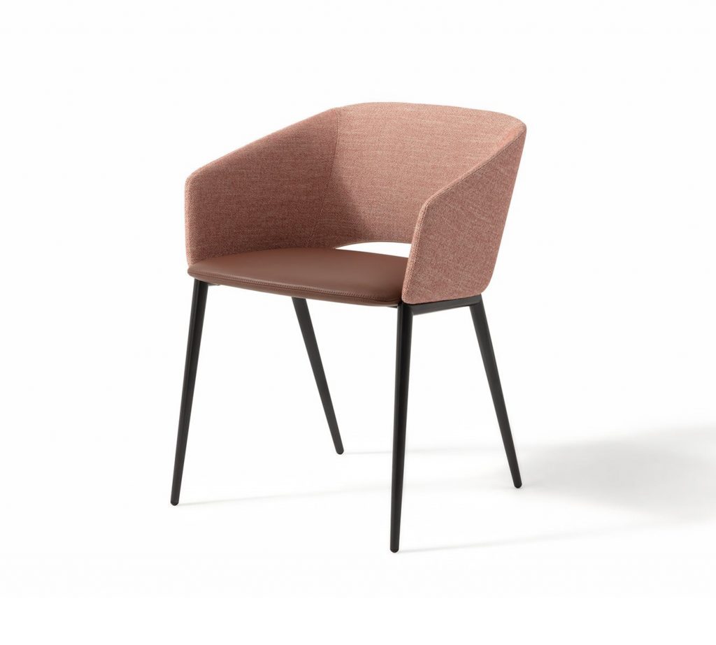 Tusa 2261/B chairs with a curved backrest and seat upholstered in orange fabric on a white background.