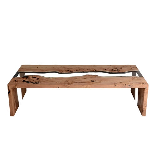A striking coffee table that merges natural wood grain with a resin river effect, creating the illusion of flowing water framed by organic textures. Its clean, low design blends rustic and modern styles seamlessly.