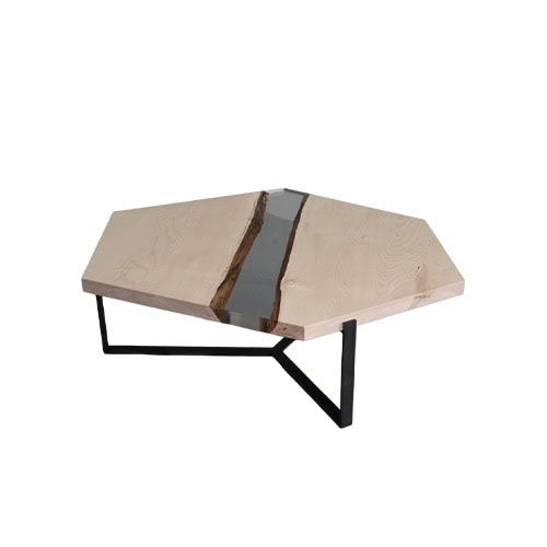 A geometric coffee table made of pale maple wood with a sleek resin river center and black steel legs, blending natural warmth with modern design.