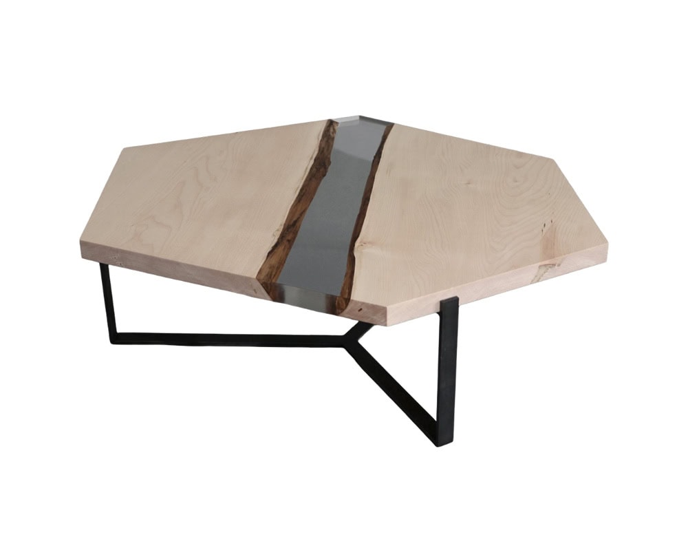 A striking coffee table crafted in solid maple with a crystal-clear resin river flowing through its center. The angular design and sleek metal base bring a modern edge to its organic beauty.