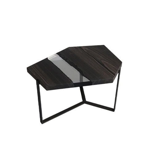 This geometric coffee table combines dark peatwood with a clear resin inlay, creating a striking contrast of natural depth and crystalline clarity. Its modern angular shape adds a sculptural presence to any space.