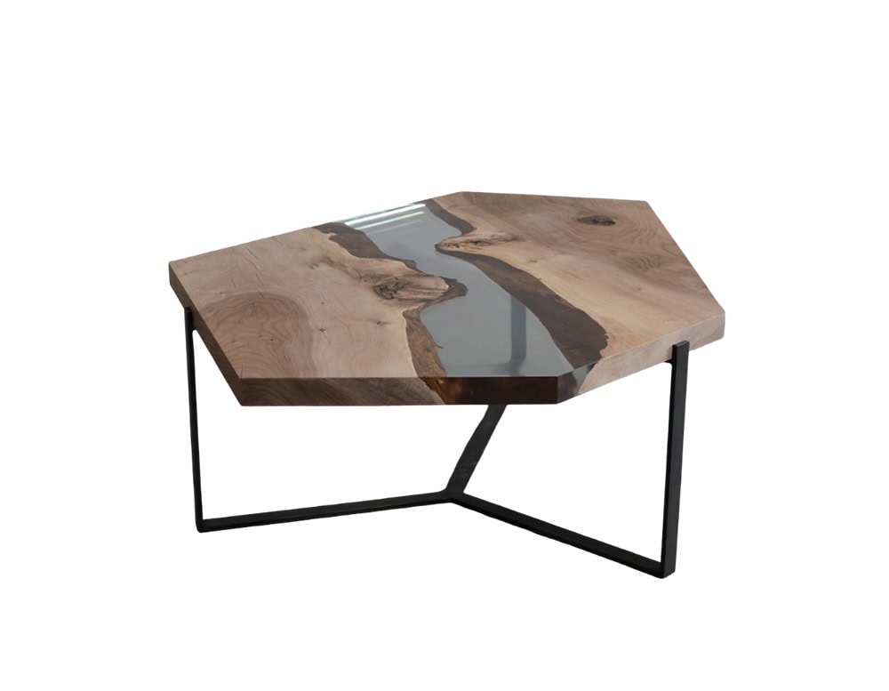 Crafted in walnut with resin detail, this coffee table showcases organic grain patterns. Its geometric form and sturdy metal frame bring an elegant contemporary touch.