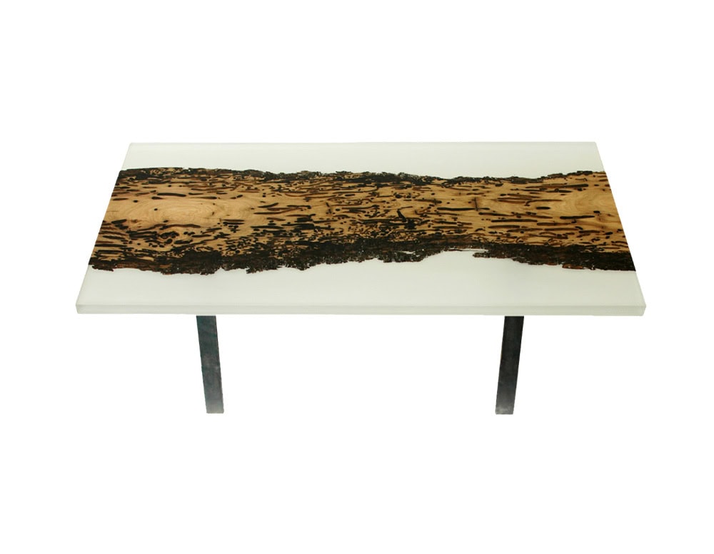 This coffee table combines natural wood with a foggy resin surface, creating a striking balance between organic texture and modern translucence. Supported by sleek black legs, it blends rustic warmth with contemporary design.