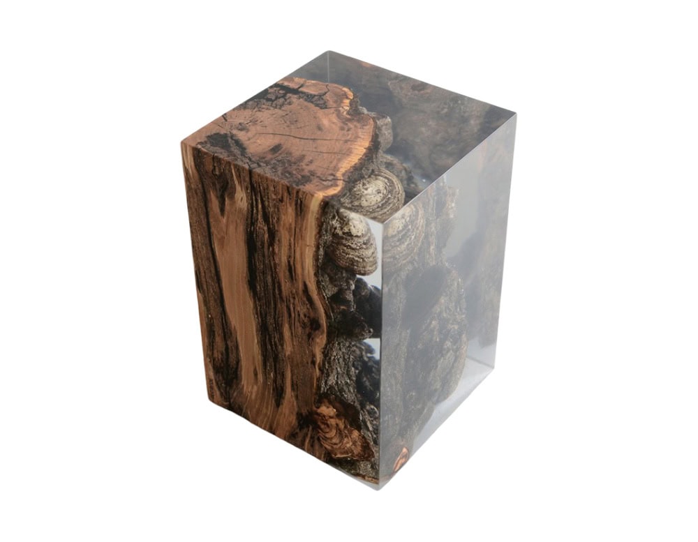 This stool combines natural fungi-rich wood encased in clear resin, highlighting raw organic textures within a modern cubic form. A functional piece that doubles as sculptural art.