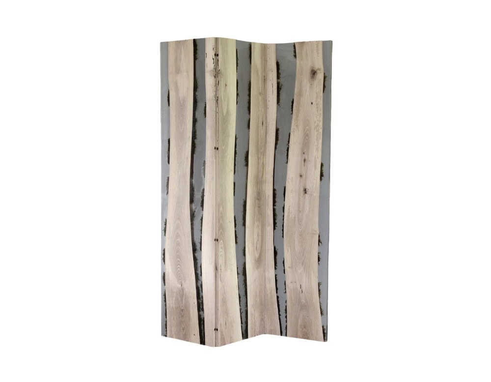 A contemporary folding screen featuring broad wooden planks with natural grain, set against subtle contrasting tones. Its fluid lines and organic presence make it a refined divider that balances raw materiality with minimalist design.
