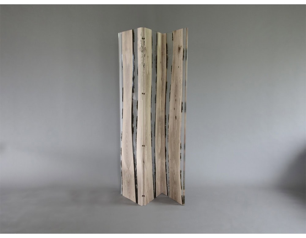A sculptural folding screen crafted with natural wood panels, showcasing vertical grain and organic textures. Its minimalist form and raw elegance create a striking yet understated partition, blending functionality with refined, designer appeal.