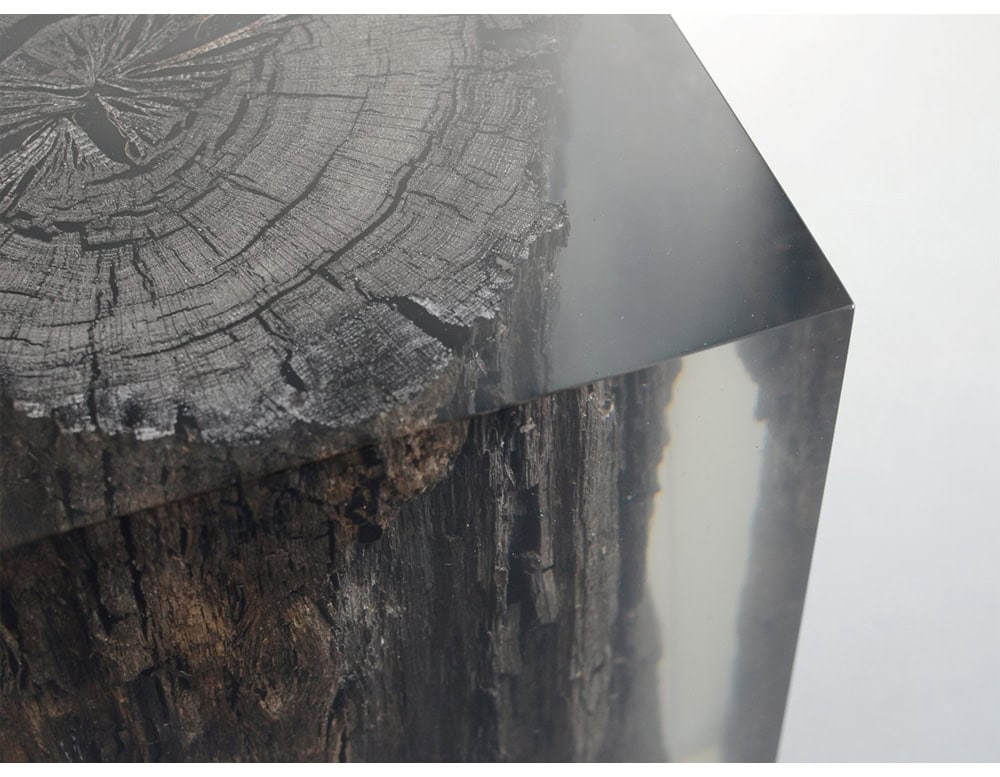 Peatland Stool features preserved wood encased in clear resin, highlighting its raw textures and organic details. This cube-shaped piece blends natural character with modern design, serving as both functional furniture and striking decor.