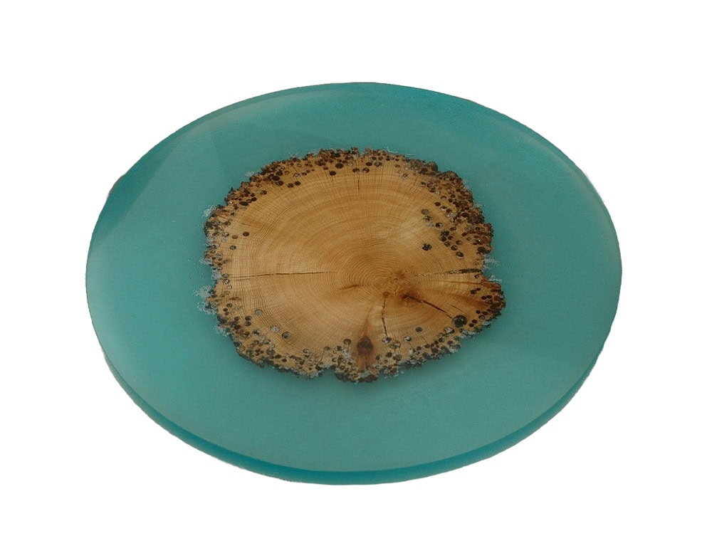 Susanna Island Accessory presents a wood cross section embedded in translucent aqua resin. The circular form evokes an island in water, blending organic texture with vibrant color.