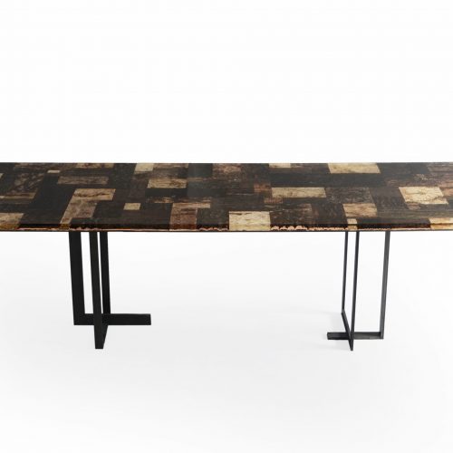 thin table made of wood of different shades resting on steel poats in a black color tone on a white background
