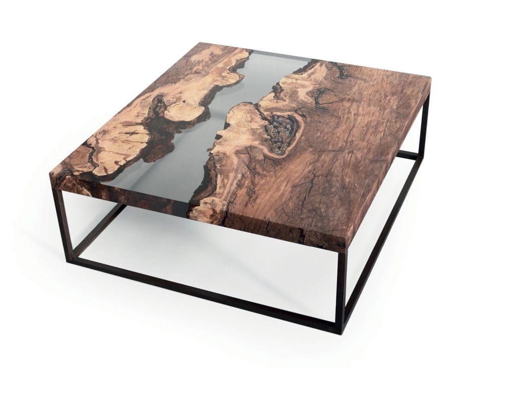 A striking low table that blends natural wood grain with a glossy resin river effect. Supported by a sleek metal frame, it evokes the flowing beauty of a creek while offering a durable, artistic centerpiece for modern interiors.