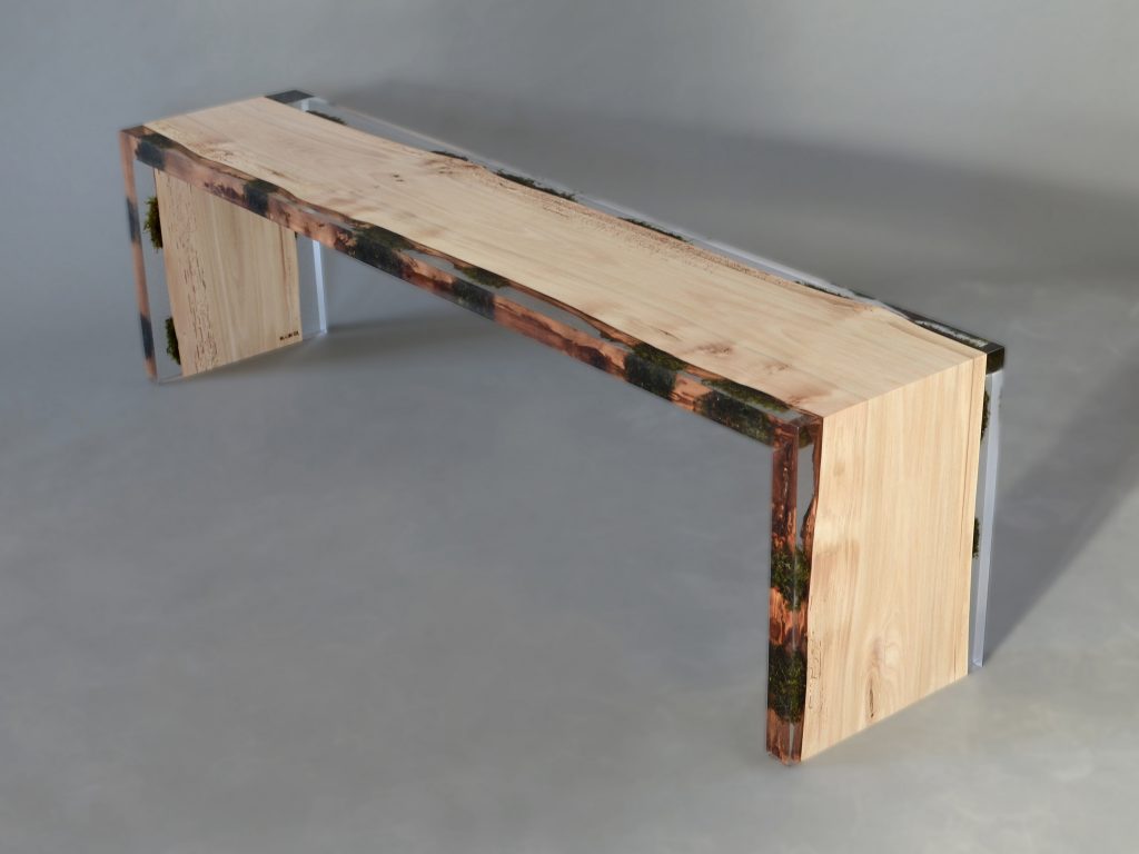 bench made with tree-based alcarol resin and light walnut wood on a gray background
