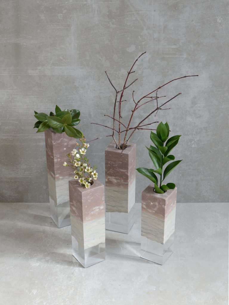 Four Dolomyth Vase with a rectangular design, made of white and orange stone with with a transparent resin inlay, set against a white background.