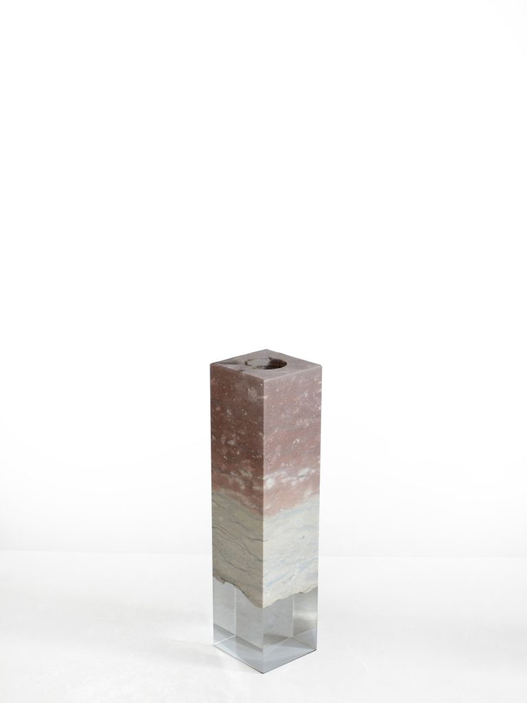 Dolomyth Vase with a rectangular design, made of white and orange stone with a transparent resin inlay, set against a white background.