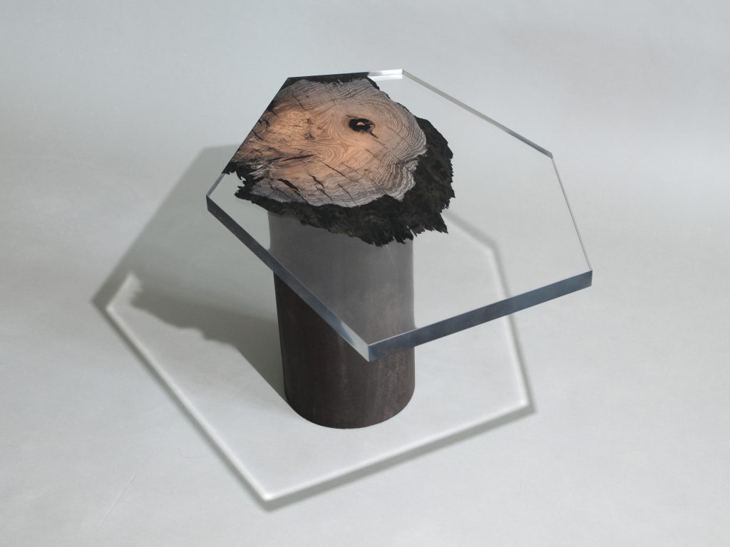 side table made of a brown wooden log and thick transparent glass top in the shape of a hexagon