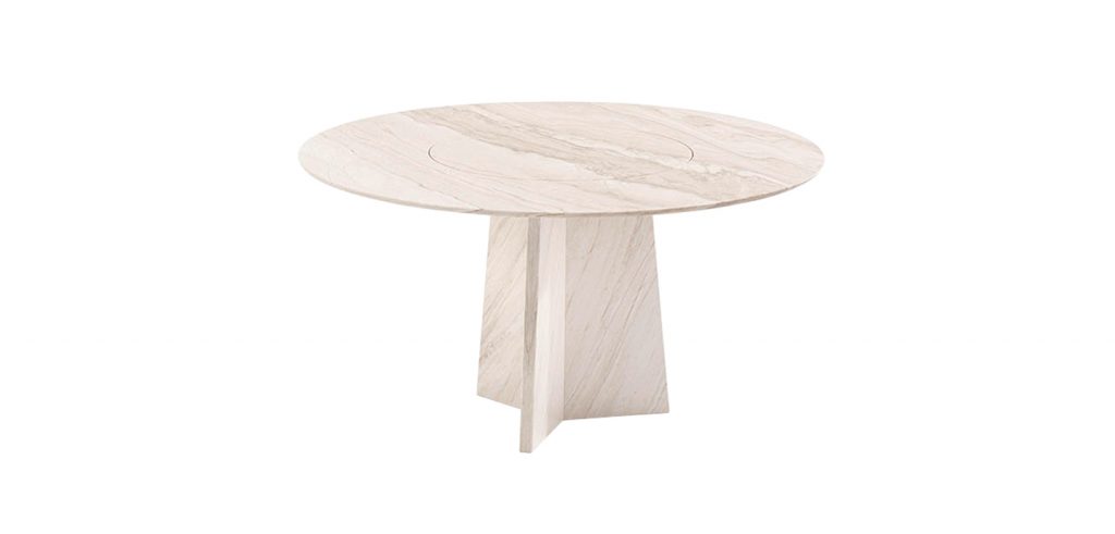 Round dining table with cone-shaped rotating inner plate in a cream color tone on a white background