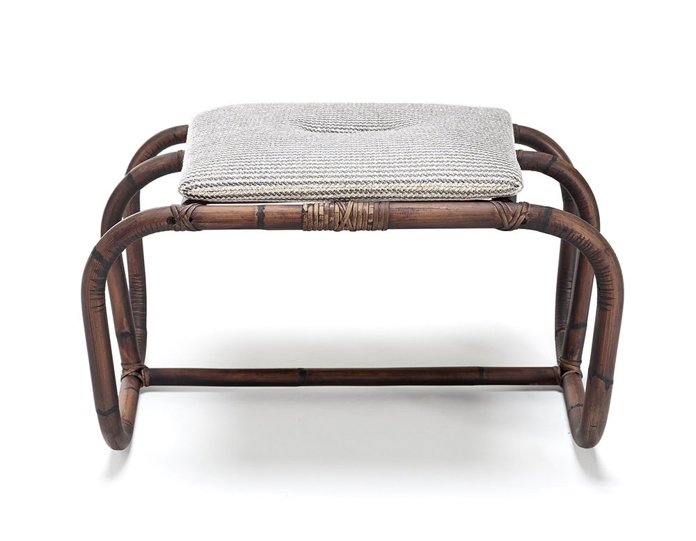Jungle Pouf upholstered in gray fabric and brown wooden structure on a white background.
