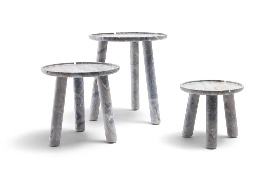 three stone round coffee tables, small, medium and large in light grey marble