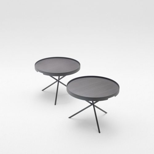 Teo Black Flip side tables, round top and three legs in steel on a white background.