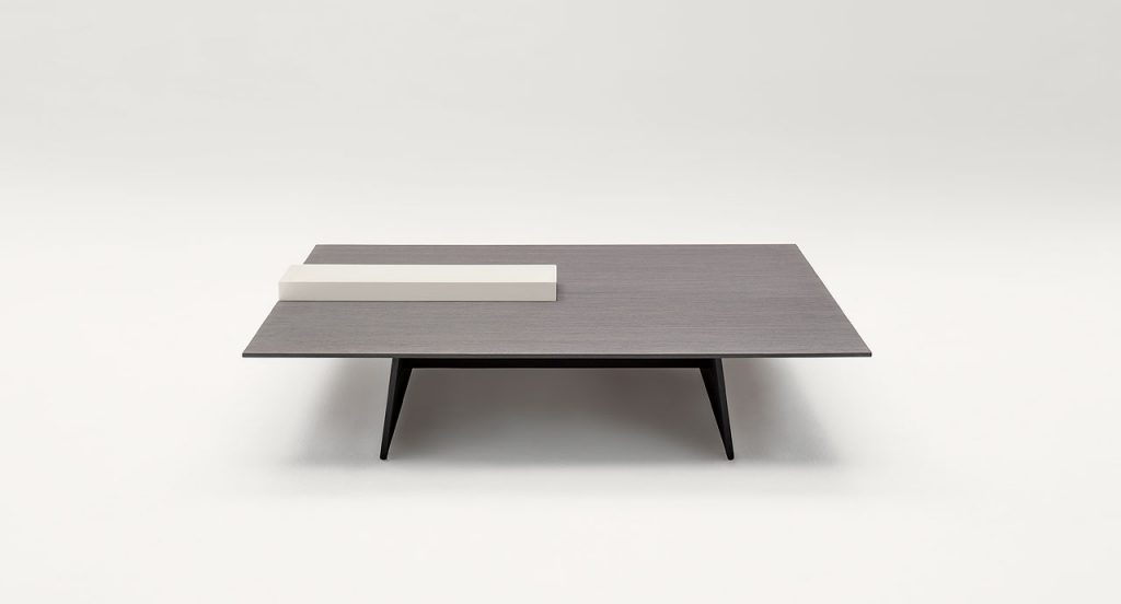 Kanji Coffee Table, top in dark wooden and white metal tray, two legs in black wood on a white background.
