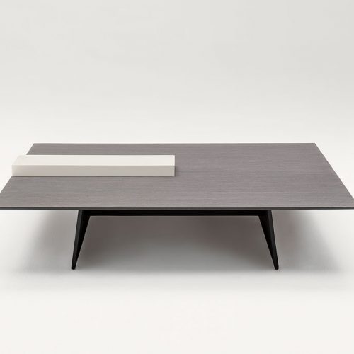 Kanji Coffee Table, top in dark wooden and white metal tray, two legs in black wood on a white background.