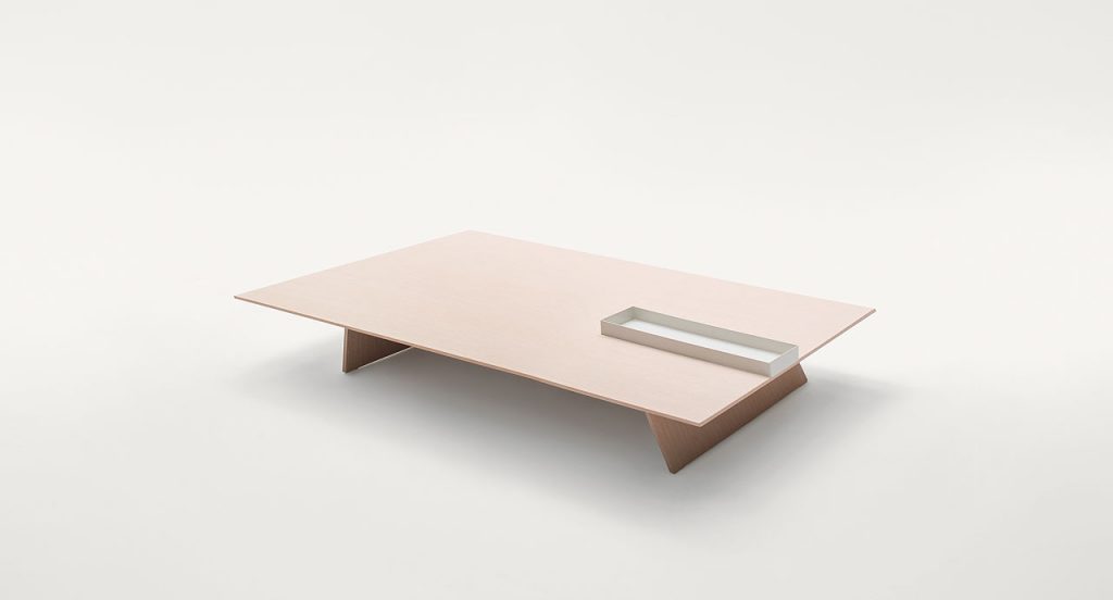 Kanji Coffee Table, top in natural wood and white metal tray, two legs in natural wood on a white background.