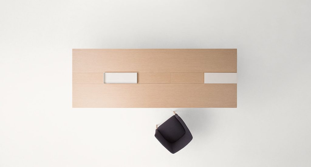 Kanji Dining Table, top in natural fibreboard and two legs in wood and two white metal trays on a white background.