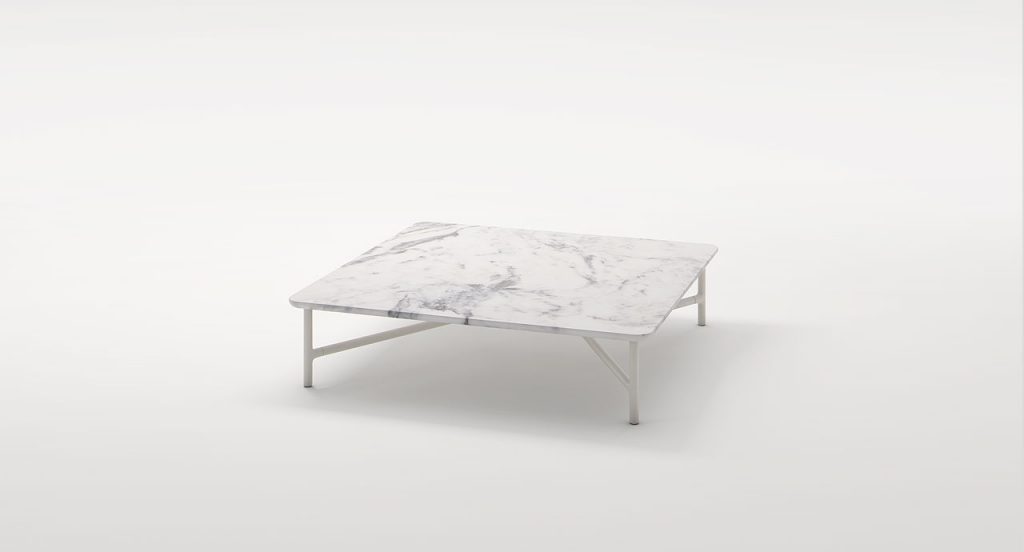 Square Nesso Indoor Coffee Table, legs structure in white aluminium , top in white marble on a white background.