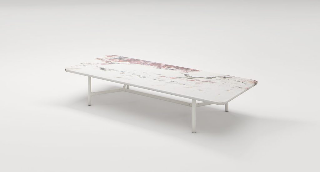 Rectangular Nesso Indoor Coffee Table, legs structure in white aluminium , top in white marble on a white background.