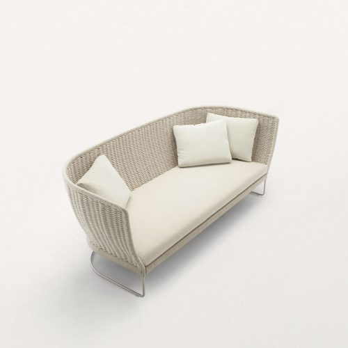 Ami Outdoor Sofa, structure and leg in steel, structure upholstery in beige cord, white seat cushion on a white background.