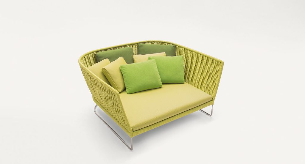 Ami Outdoor Sofa, structure and two legs in steel, structure upholstery in green cord, green seat cushion on a white background.
