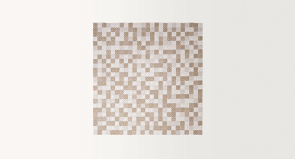 Bisanzio rug made of brown, beige and white octagonal module cords on a white background.