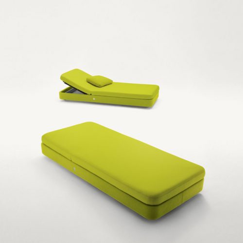 Two Cove Sun Beds with internal container, green upholstey on a white background.